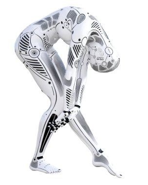 Robot kadın. Beyaz metal droid. Android kız. Yapay zeka. Kavramsal moda sanat. Gerçekçi 3d render illüstrasyon. Stüdyo, ayrı tutma, yüksek anahtar.