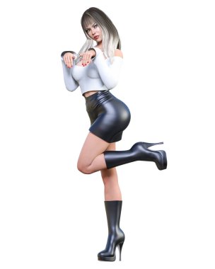 Uzun saçlı esmer kadın vurdu deri etek ve uzun çizmeler. Güzel kız ayakta müstehcen poz. Gerçekçi 3d render illüstrasyon izole.