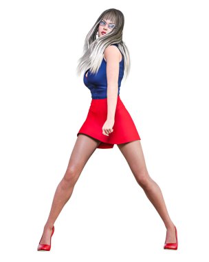 Uzun saçlı seksi esmer Sekreter siyah koyu kırmızı külotlu çorap etek vurdu. Müstehcen poz ayakta gözlük ile güzel office kız. Gerçekçi 3d render illüstrasyon izole.
