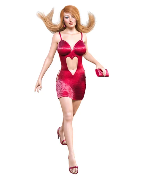 Hermosa Mujer Pelirroja Rojo Corto Mini Vestido Con Heart Summer — Foto de Stock