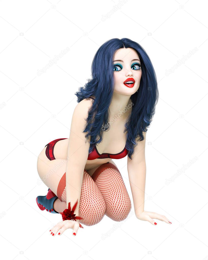 3D sexy burlesque girl doll big blue eyes bright makeup.Woman cabaret retro style red bikini garter fishnet stockings.Conceptual fashion art.Seductive candid pose.Realistic render illustration.