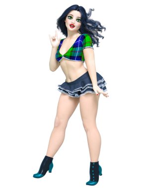 3D seksi kovboy kız bebek büyük mavi gözleri parlak makyaj. Kadın retro tarzı en iyi ve kısa etek kafes. Ülke stil. Kavramsal moda sanat. Baştan çıkarıcı samimi poz. Gerçekçi render illüstrasyon.