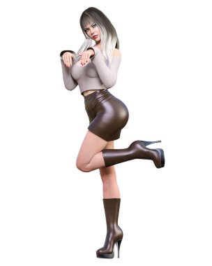 Uzun saçlı esmer kadın vurdu deri etek ve uzun çizmeler. Güzel kız ayakta müstehcen poz. Gerçekçi 3d render illüstrasyon izole.