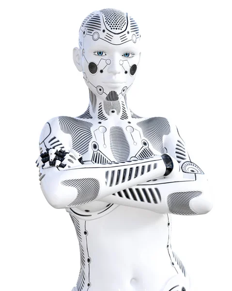 Robot kadın. Beyaz metal droid. Android kız. Yapay zeka. Kavramsal moda sanat. Gerçekçi 3d render illüstrasyon. Stüdyo, ayrı tutma, yüksek anahtar.