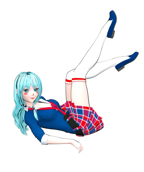 Sexy Anime Doll Japanese Schoolgirl Big Blue Eyes Bright Makeup — Stock Photo, Image