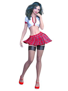 Fotoğraf çekimi poz güzel ve genç birbayan. Kırmızı mini etek kafes, karanlık çorap, kırmızı ayakkabılar, beyaz bluz. Uzun saçlı. Okul seksi üniforması. Kavramsal moda sanat. Gerçekçi 3d render illüstrasyon.
