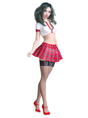 Fotoğraf çekimi poz güzel ve genç birbayan. Kırmızı mini etek kafes, karanlık çorap, kırmızı ayakkabılar, beyaz bluz. Uzun saçlı. Okul seksi üniforması. Kavramsal moda sanat. Gerçekçi 3d render illüstrasyon.