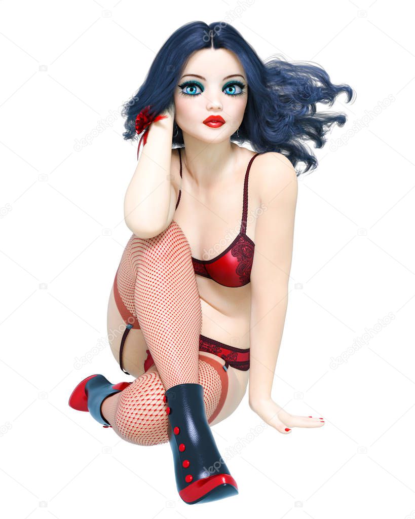 3D sexy burlesque girl doll big blue eyes bright makeup.Woman cabaret retro style red bikini garter fishnet stockings.Conceptual fashion art.Seductive candid pose.Realistic render illustration.