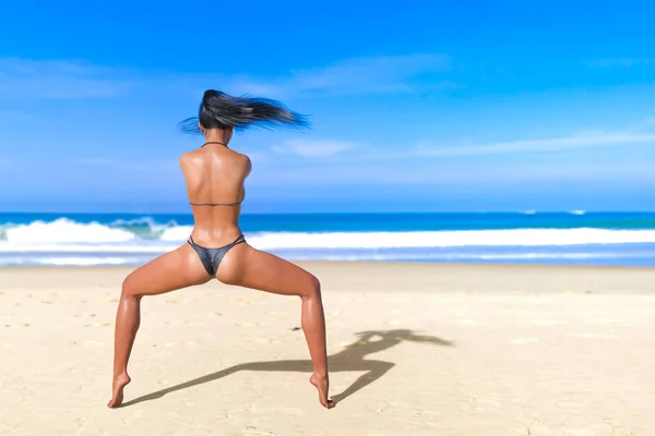 3D beautiful sun-tanned woman black swimsuit bikini on sea beach. Summer rest. Blue ocean background. Sunny day. Conceptual fashion art. Seductive candid pose. Realistic render illustration.