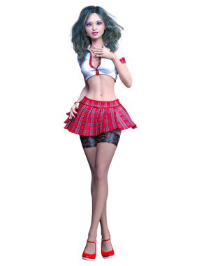 Fotoğraf çekimi poz güzel ve genç birbayan. Kırmızı mini etek kafes, karanlık çorap, kırmızı ayakkabılar, beyaz bluz. Uzun saçlı. Okul seksi üniforması. Kavramsal moda sanat. Gerçekçi 3d render illüstrasyon.
