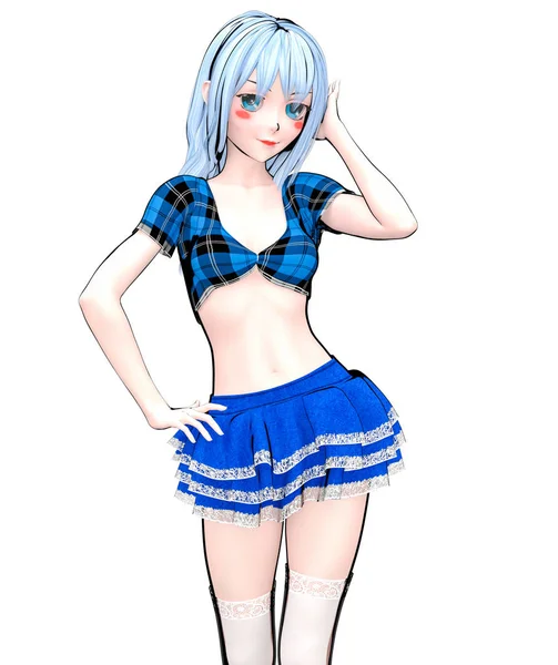 セクシーなアニメ 人形アニメ女子高生は大きな青い目明るいメイク 短いジーンズのスカート ブラウス スケッチ イラスト 概念的なファッション アート 魅惑的な率直なポーズ — ストック写真