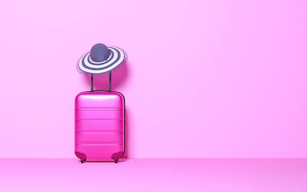 Koffer Mit Sonnenhut Auf Pastell Hintergrund Reisekonzept Minimaler Stil Kopierraum — Stockfoto