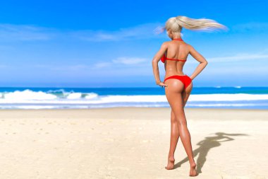 3D güzel kadın kırmızı güneş tabaklanmış mayo bikini deniz plajında. Yaz dinlenme. Mavi okyanus arka plan. Güneşli bir gün. Kavramsal moda sanat. Baştan çıkarıcı samimi poz. Gerçekçi render illüstrasyon.