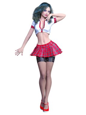Fotoğraf çekimi poz güzel ve genç birbayan. Kırmızı mini etek kafes, karanlık çorap, kırmızı ayakkabılar, beyaz bluz. Uzun saçlı. Okul seksi üniforması. Kavramsal moda sanat. Gerçekçi 3d render illüstrasyon.