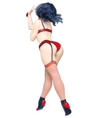 3D seksi burlesque kız bebek büyük mavi gözleri parlak makyaj. Kadın kabare retro tarzı kırmızı bikini garter File çoraplar. Kavramsal moda sanat. Baştan çıkarıcı samimi poz. Gerçekçi render illüstrasyon.
