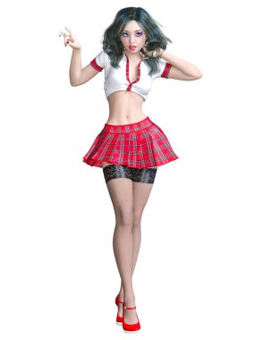 Fotoğraf çekimi poz güzel ve genç birbayan. Kırmızı mini etek kafes, karanlık çorap, kırmızı ayakkabılar, beyaz bluz. Uzun saçlı. Okul seksi üniforması. Kavramsal moda sanat. Gerçekçi 3d render illüstrasyon.