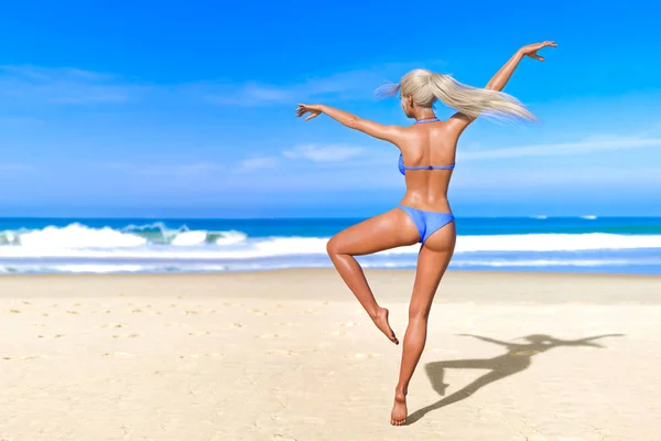 3D beautiful sun-tanned woman blue swimsuit bikini on sea beach. Summer rest. Blue ocean background. Sunny day. Conceptual fashion art. Seductive candid pose. Realistic render illustration.