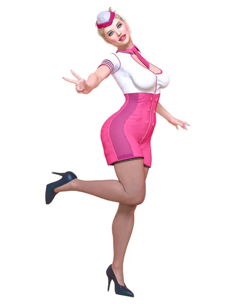 Женщина Стюардесса Рейса Girl Short Белое Розовое Платье Черные Чулки — стоковое фото
