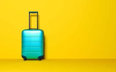 Pastel arka plan bavula. Seyahat Bagaj konsepti. En az tarzı. Uzay kopyalayın. 3D render illüstrasyon