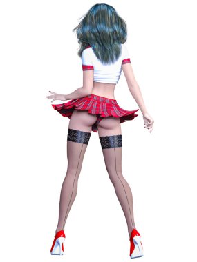 Fotoğraf çekimi poz güzel ve genç birbayan. Kırmızı mini etek kafes, karanlık çorap, kırmızı ayakkabılar, beyaz bluz. Uzun saçlı. Okul seksi üniforması. Kavramsal moda sanat. Gerçekçi 3d render illüstrasyon.