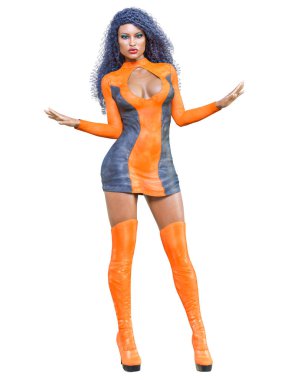 3D güzel uzun boylu kadın deri mini elbise uzun çizmeler. Süet, chamois, ham, shammy. Kız stüdyo fotoğrafçılığı. Yüksek topuk. Kavramsal moda sanat. Baştan çıkarıcı samimi poz. Gerçekçi render illüstrasyon. 