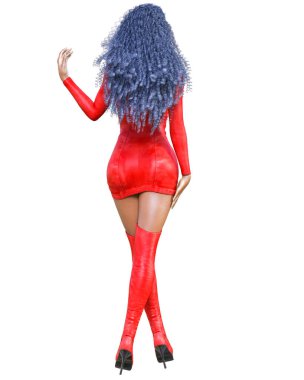 3D güzel uzun boylu kadın deri mini elbise uzun çizmeler. Süet, chamois, ham, shammy. Kız stüdyo fotoğrafçılığı. Yüksek topuk. Kavramsal moda sanat. Baştan çıkarıcı samimi poz. Gerçekçi render illüstrasyon. 