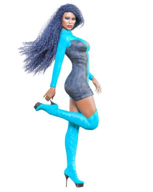 3D güzel uzun boylu kadın deri mini elbise uzun çizmeler. Süet, chamois, ham, shammy. Kız stüdyo fotoğrafçılığı. Yüksek topuk. Kavramsal moda sanat. Baştan çıkarıcı samimi poz. Gerçekçi render illüstrasyon. 