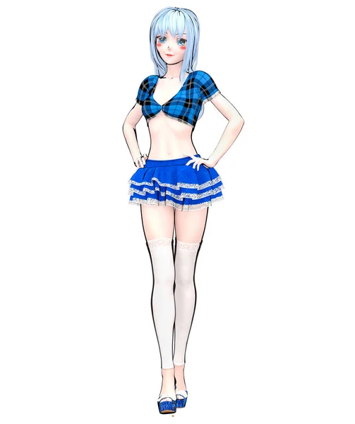 セクシーなアニメ 人形アニメ女子高生は大きな青い目 短いジーンズのスカート ブラウス スケッチ イラスト 概念的なファッション アート Popsocket のイラストを分離します — ストック写真