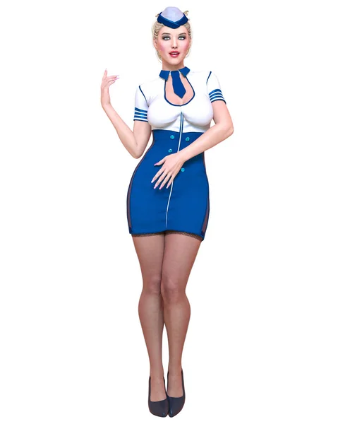 Schöne Frau Stewardess Stewardess Flug Girl Short Weiß Blaues Kleid lizenzfreie Stockfotos