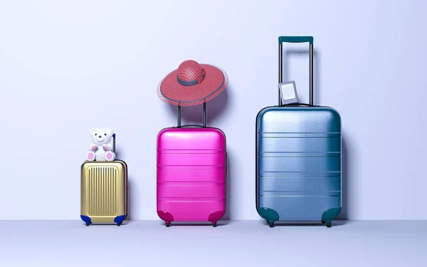 Drei Koffer Mit Sonnenhut Ebook Und Plüschtier Auf Pastellfarbenem Hintergrund — Stockfoto