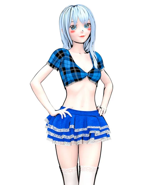性感的动漫3D 娃娃日本动漫女学生大蓝眼睛 蓝色短裙裙子衬衫 动画片 漫画插图 概念时尚艺术 隔离弹出式插槽的插图 — 图库照片