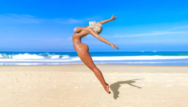 3D beautiful sun-tanned woman blue swimsuit bikini on sea beach.Dancing girl.Summer rest.Blue ocean background.Sunny day.Conceptual fashion art.Seductive candid pose.Realistic render illustration.