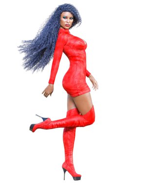 3D güzel uzun boylu kadın deri mini elbise uzun çizmeler. Süet, chamois, ham, shammy. Kız stüdyo fotoğrafçılığı. Yüksek topuk. Kavramsal moda sanat. Baştan çıkarıcı samimi poz. Gerçekçi render illüstrasyon. 