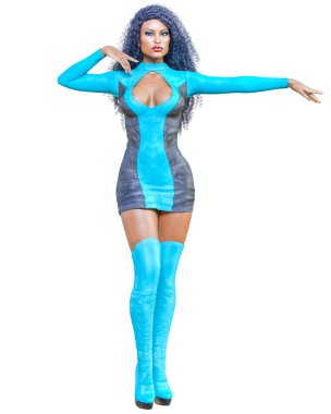 3D güzel uzun boylu kadın deri mini elbise uzun çizmeler. Süet, chamois, ham, shammy. Kız stüdyo fotoğrafçılığı. Yüksek topuk. Kavramsal moda sanat. Baştan çıkarıcı samimi poz. Gerçekçi render illüstrasyon. 