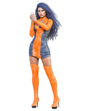 3D güzel uzun boylu kadın deri mini elbise uzun çizmeler. Süet, chamois, ham, shammy. Kız stüdyo fotoğrafçılığı. Yüksek topuk. Kavramsal moda sanat. Baştan çıkarıcı samimi poz. Gerçekçi render illüstrasyon. 