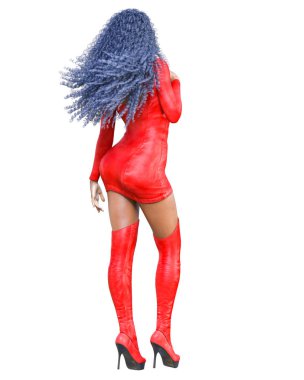 3D güzel uzun boylu kadın deri mini elbise uzun çizmeler. Süet, chamois, ham, shammy. Kız stüdyo fotoğrafçılığı. Yüksek topuk. Kavramsal moda sanat. Baştan çıkarıcı samimi poz. Gerçekçi render illüstrasyon. 