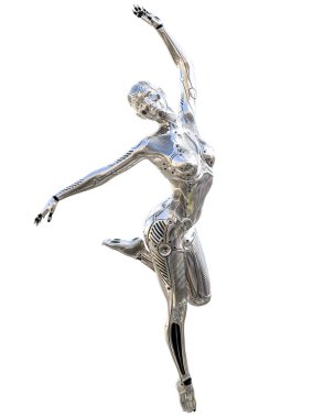Dans robot kadın. Metal parlak gümüş droid. Yapay zeka. Kavramsal moda sanat. Gerçekçi 3d render illüstrasyon. Stüdyo, ayrı tutma, yüksek anahtar.