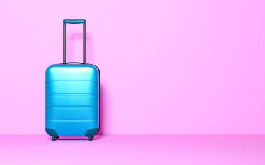 Pastel arka plan bavula. Seyahat Bagaj konsepti. En az tarzı. Uzay kopyalayın. 3D render illüstrasyon