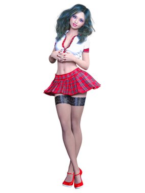 Fotoğraf çekimi poz güzel ve genç birbayan. Kırmızı mini etek kafes, karanlık çorap, kırmızı ayakkabılar, beyaz bluz. Uzun saçlı. Okul seksi üniforması. Kavramsal moda sanat. Gerçekçi 3d render illüstrasyon.