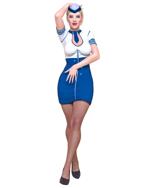 Stewardess Air 소녀입니다 흰색과 파란색 드레스 비축과 됩니다 예술입니다 눈입니다 — 스톡 사진