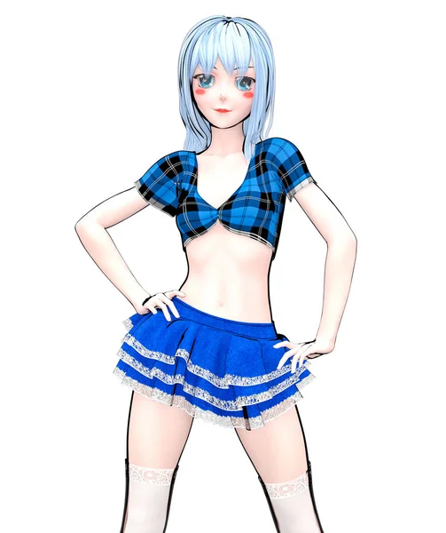 性感的动漫3D 娃娃日本动漫女学生大蓝眼睛 蓝色短裙裙子衬衫 动画片 漫画插图 概念时尚艺术 隔离弹出式插槽的插图 — 图库照片