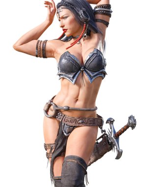 Savaşçı amazon kadını kılıç ile. Uzun siyah saçlı. Kaslı atletik vücut. Kız ayakta samimi kışkırtıcı agresif poz. Kavramsal moda sanat. Gerçekçi 3d render illüstrasyon izole et. Merhaba anahtar.