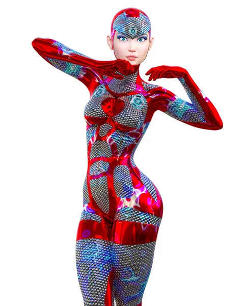 Cyborg Droid Robot Vrouw Futuristische Metalen Neon Pak Squama Armor — Stockfoto