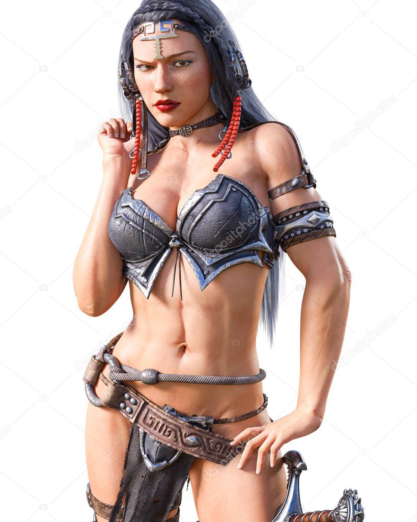 Warrior amazon woman with sword. Long dark hair. Muscular athletic body. Girl standing candid provocative aggressive pose. Conceptual fashion art. Realistic 3D rendering isolate illustration. Hi key.
