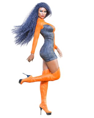 3D güzel uzun boylu kadın deri mini elbise uzun çizmeler. Süet, chamois, ham, shammy. Kız stüdyo fotoğrafçılığı. Yüksek topuk. Kavramsal moda sanat. Baştan çıkarıcı samimi poz. Gerçekçi render illüstrasyon. 
