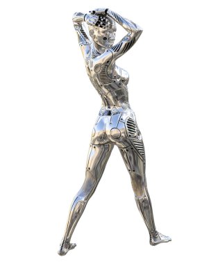 Dans robot kadın. Metal parlak gümüş droid. Yapay zeka. Kavramsal moda sanat. Gerçekçi 3d render illüstrasyon. Stüdyo, ayrı tutma, yüksek anahtar.
