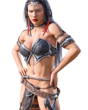 Savaşçı amazon kadını kılıç ile. Uzun siyah saçlı. Kaslı atletik vücut. Kız ayakta samimi kışkırtıcı agresif poz. Kavramsal moda sanat. Gerçekçi 3d render illüstrasyon izole et. Merhaba anahtar.