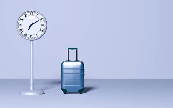 Вуличний Годинник Дорожній Багаж Пастельному Фоні Концепція Очікування Бізнесу Часі — стокове фото
