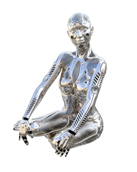 Mujer Robot Baile Droide Plateado Brillante Metal Inteligencia Artificial Arte — Foto de Stock