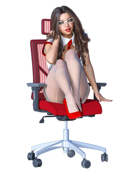 Long Haired Sexy Brunette Secretary White Pantyhose Beautiful Girl Glasses — Stock Photo, Image